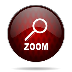 .zoom red glossy web icon on white background.