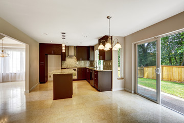 Modern kitchen room with matte brown cabinets and exit to backya