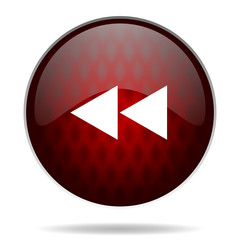 rewind red glossy web icon on white background.