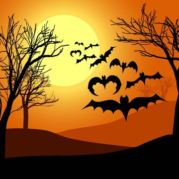 Halloween background with bats trees and moon