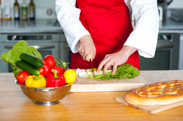 Chef hand chopping vegetables