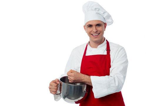 Chef Mixing Batter, Isolated On White