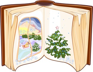 Open book with a Christmas tree and snow-covered window