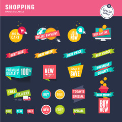 Set of flat design stickers and ribbons for shopping
