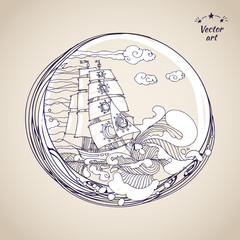 Sketch pen drawing sailfish at circle label