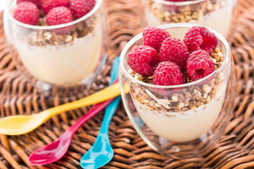 Yogurt with muesli and fresh raspberries