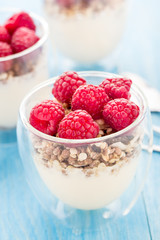 Yogurt with muesli and fresh raspberries