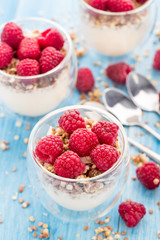 Yogurt with muesli and fresh raspberries