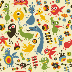 Colorful seamless pattern with happy monsters at the party.