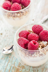 Yogurt with muesli and fresh raspberries