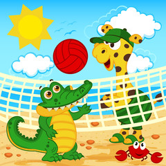 Obraz na płótnie Canvas giraffe crocodile playing in beach volleyball - vector, eps