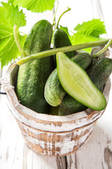 Fresh cucumbers on wooden table