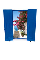 Open traditional Greek blue window on Mykons island, Greece