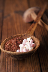 fine grated chocolate and marshmallow candy  in old spoon, woode