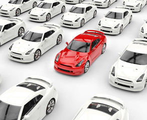 Red car stands out among many white cars