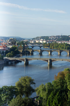 View of the Vltava River and bridges at sunrise, Prague, the Cze