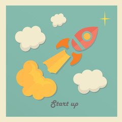 Retro vector illustration concept with rocket for new business