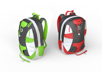 Green and red backpacks on white background