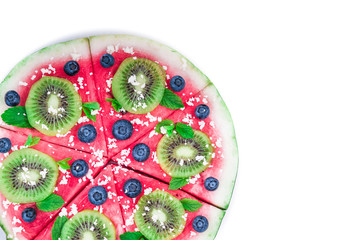 Watermelon pizza on white