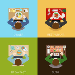 Food meal time top view concept flat icons set dinner restaurant
