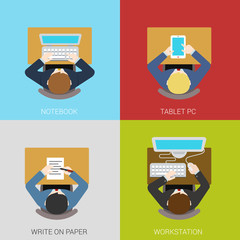 Business workplace concept flat icons set laptop tablet