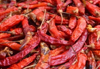 Dried red chillies as a textured food background.