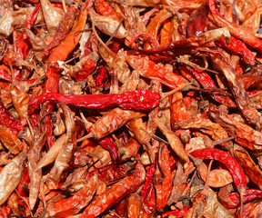 Dried red chillies as a textured food background.