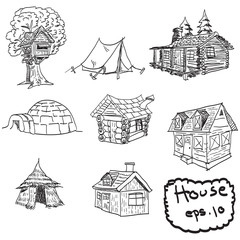 vector hand drawn set of houses, doodles