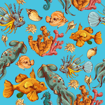 Sea creatures sketch colored seamless pattern