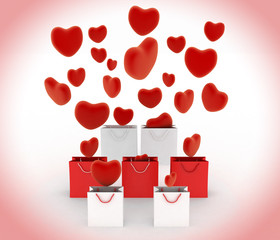 Hearts falling into gift bags. 3d render illustration