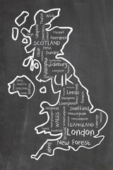 United Kingdom map and words cloud with larger cities