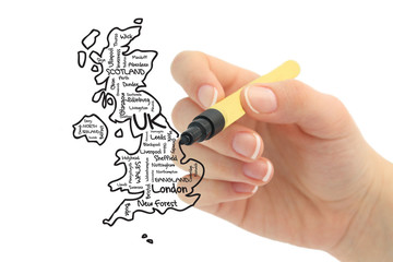 United Kingdom map and words cloud with larger cities