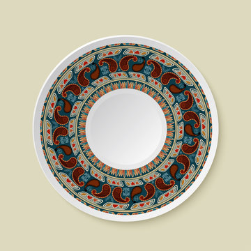 Round tribal ornament. Pattern shown on the ceramic plate. Vecto