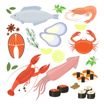 Selection of seafood  shrimp and sushi icons
