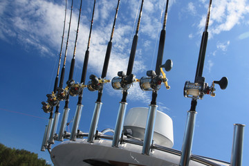 Spinning rods on the frame of the fishing boats