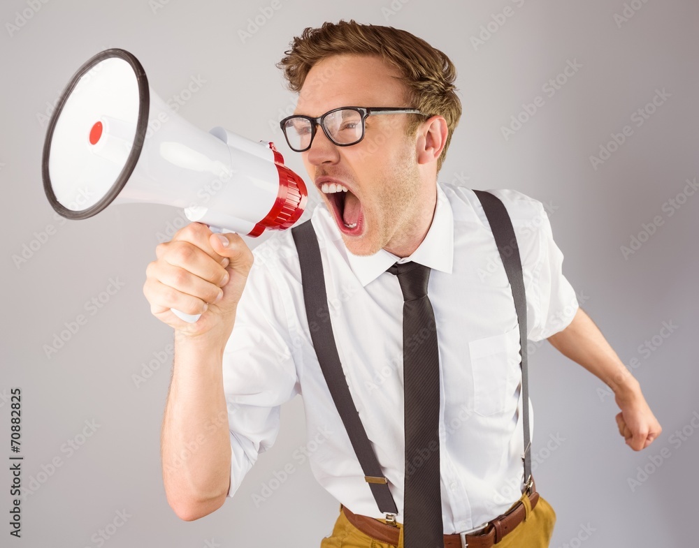 Poster geeky businessman shouting through megaphone