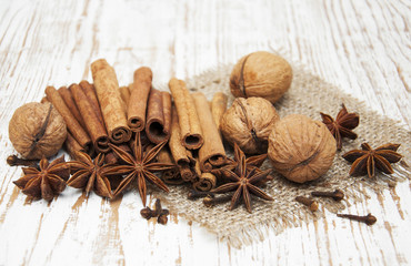 Star anis,  cinnamon stick, walnut and cloves