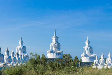 raw of white buddha status on blue sky background