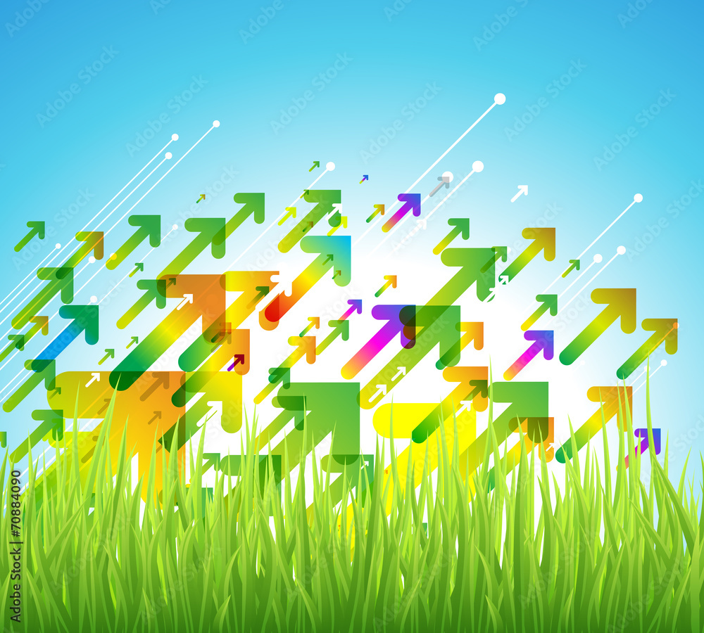 Poster spring arrow background with green grass.