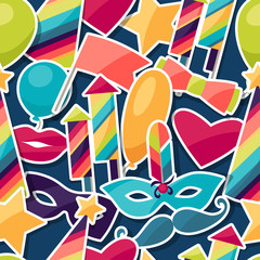 Celebration seamless pattern with carnival stickers and objects.