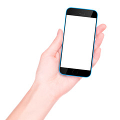 Hand holding Black Smartphone with blank screen