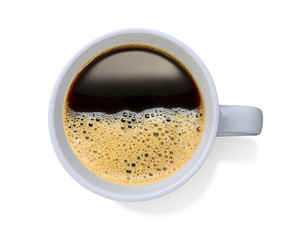 Top view of a cup of coffee, isolate on white