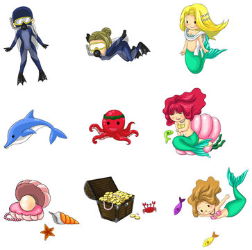 Underwater cartoon characters and objects collection icon set (v