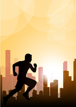 running man against the city. silhouette of the sprinter