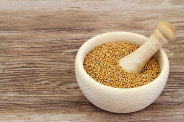 Mustard seeds in wooden mortar and mustard with copy space