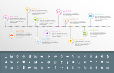 Timeline template in sticker style with set of icons.