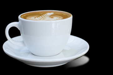 white cup of coffee isolated on black background