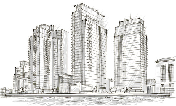 рисунок зданий на набережной