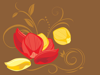 Red and yellow rose petals on the decorative background