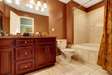 Bathroom in brown color with beige tile trim